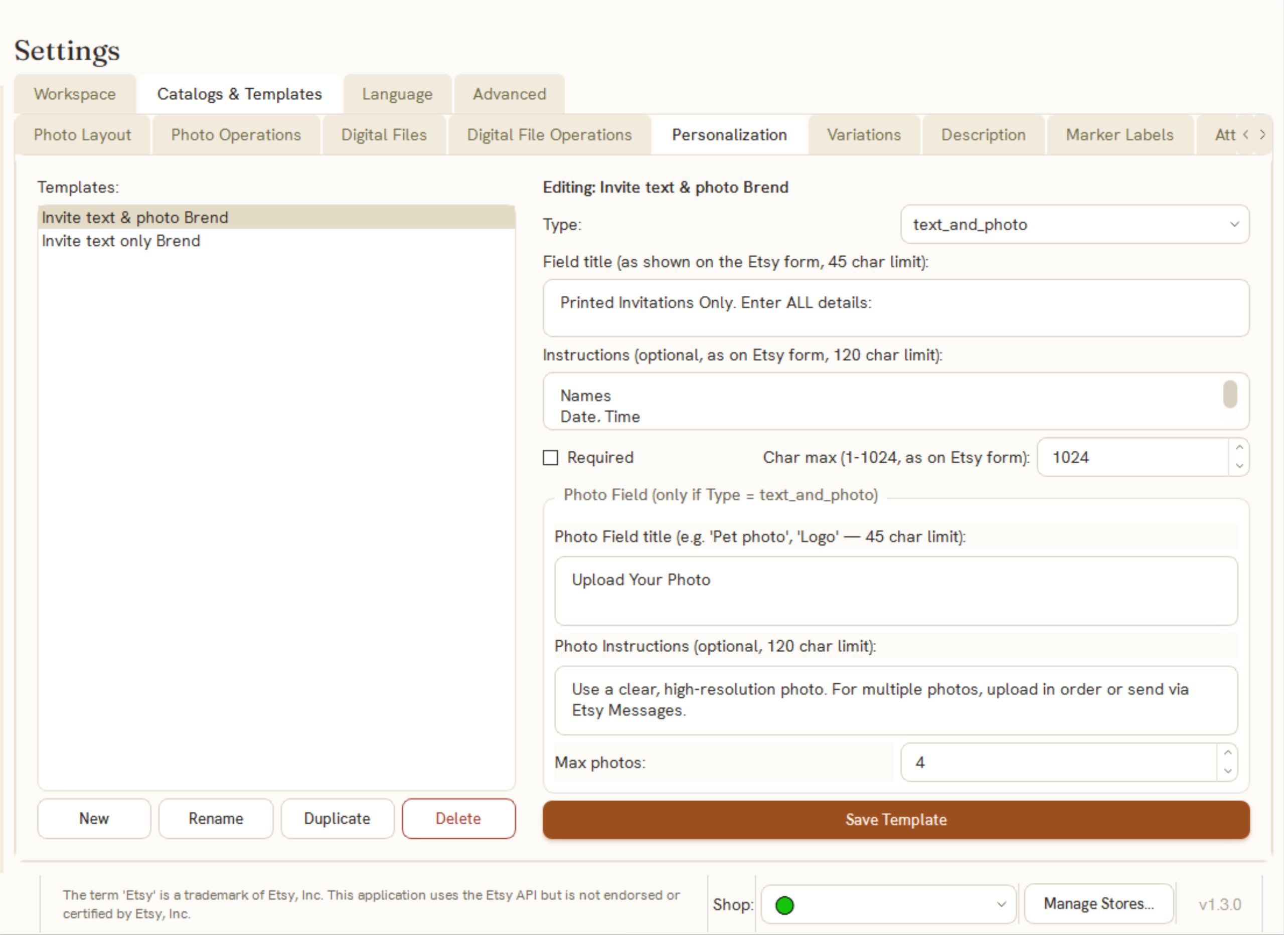 Golivo &mdash; Settings, Templates screen